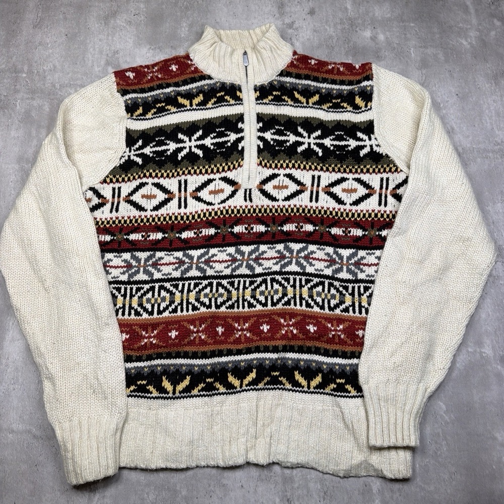 Vintage Style Izod Men's Fair Isle Nordic 1/4 Zip Ski Sweater Sz M Wool Blend